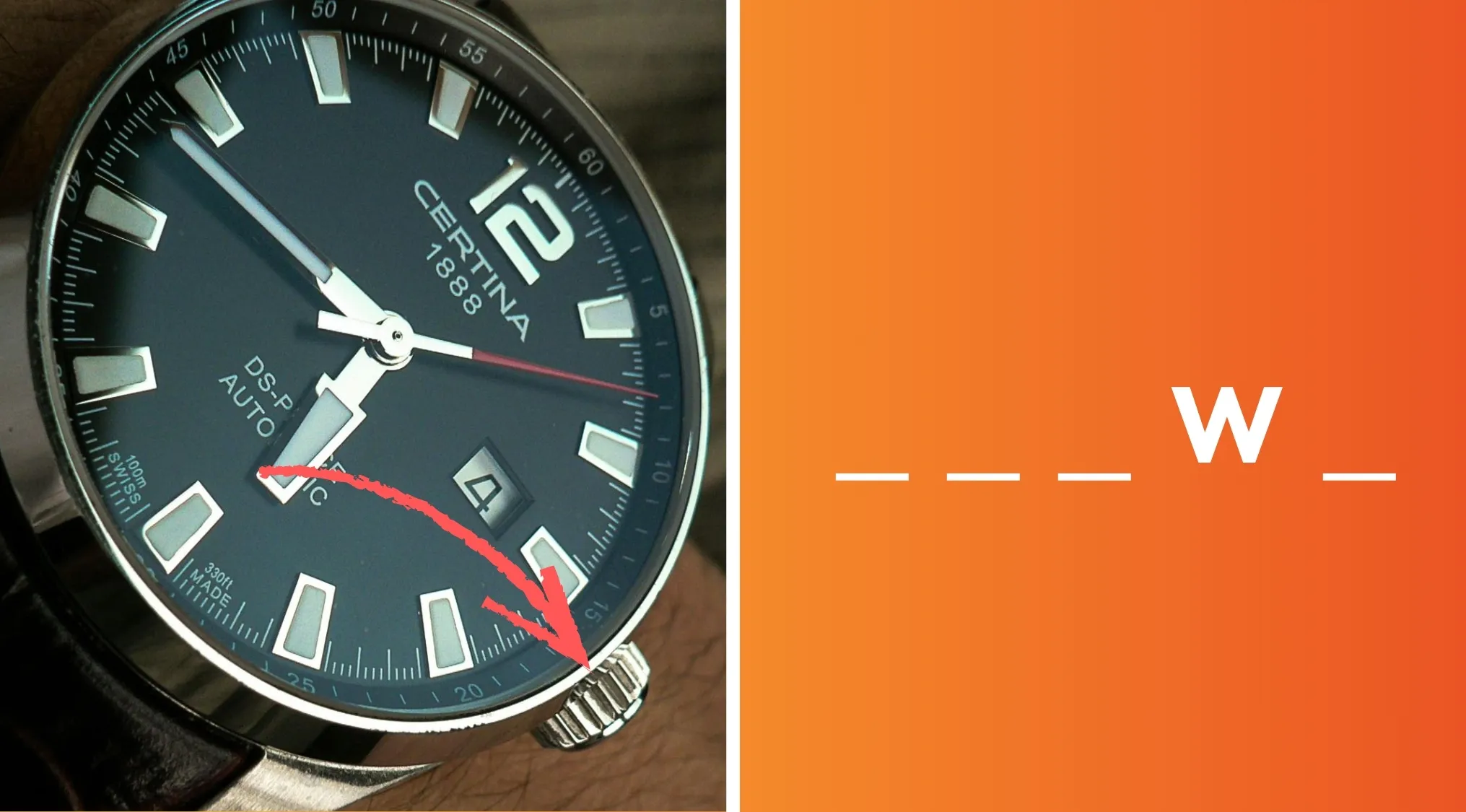Close-up of a wristwatch showing the crown part used for setting the time and winding the watch mechanism.