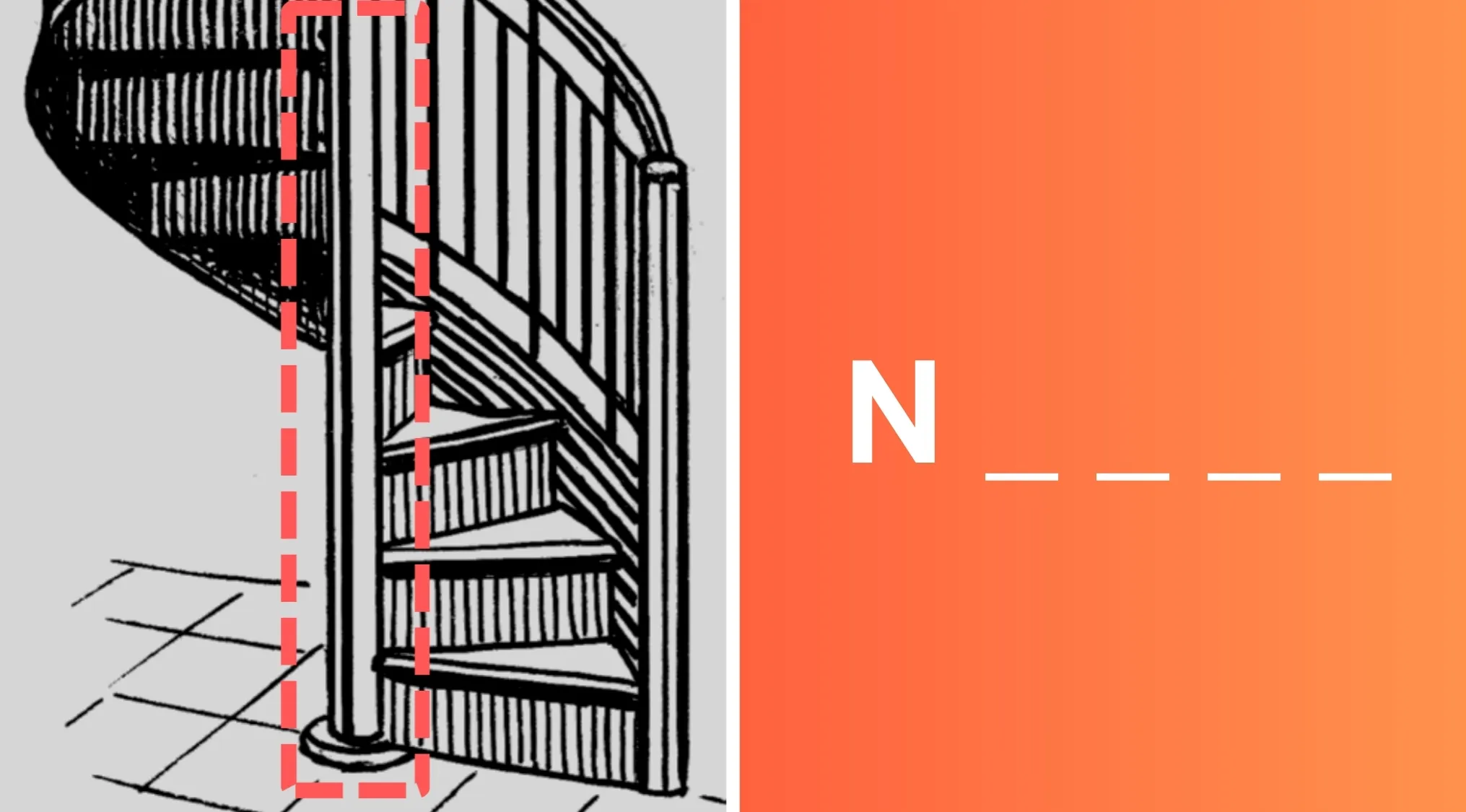 Spiral staircase beam highlighted in red box, with a word puzzle partially spelling a beam name starting with N.