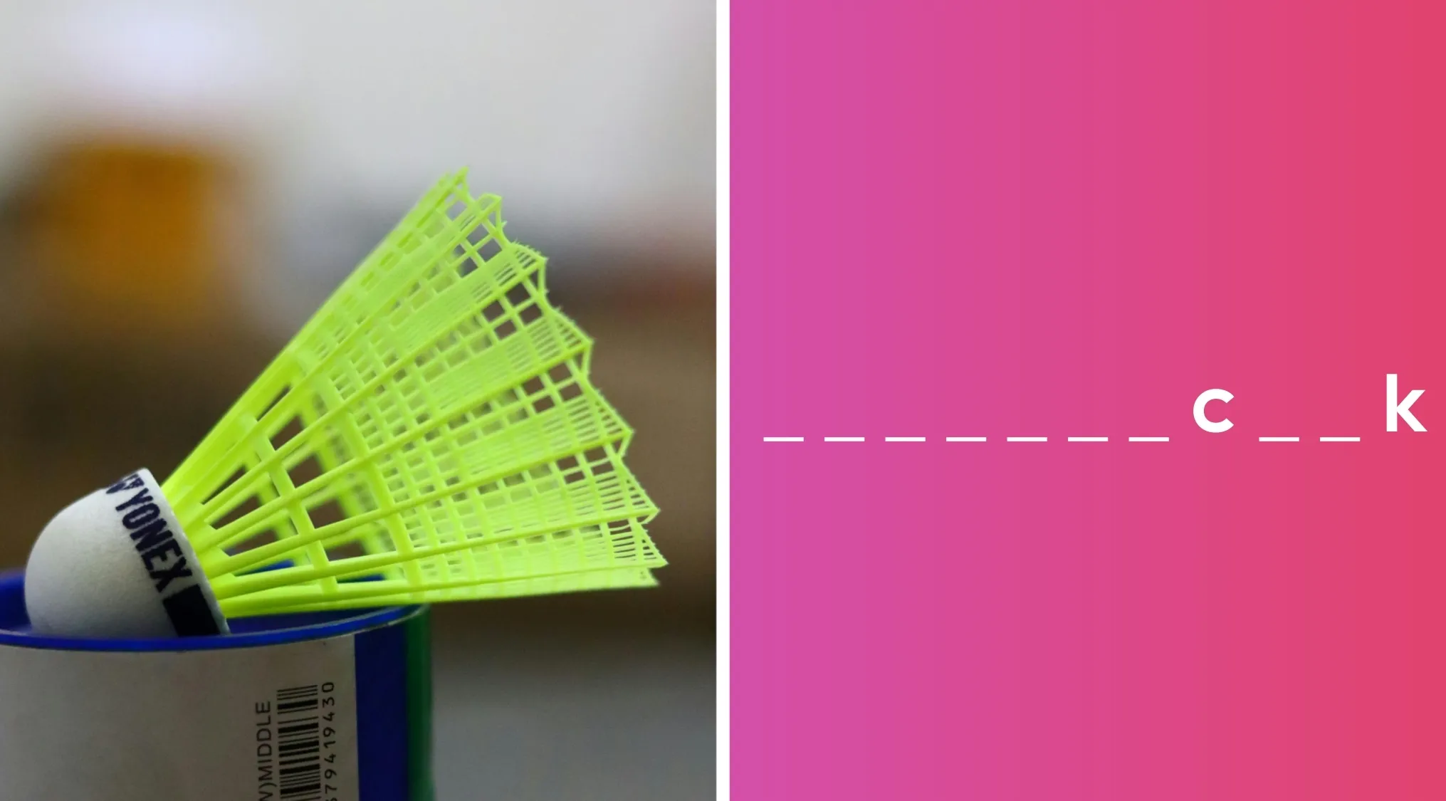 Yellow shuttlecock for badminton resting on a container with a pink background showing a word puzzle.