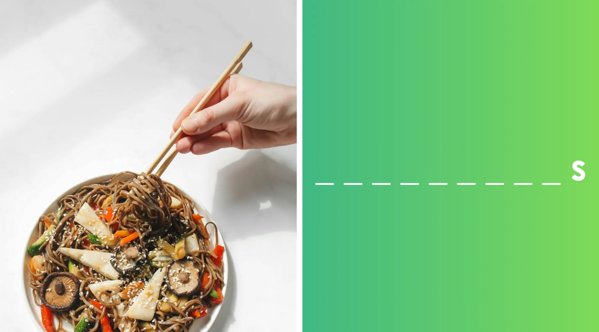 Hand using wooden chopsticks to pick up noodles from a bowl of vegetable stir-fry with mushrooms and sesame seeds.