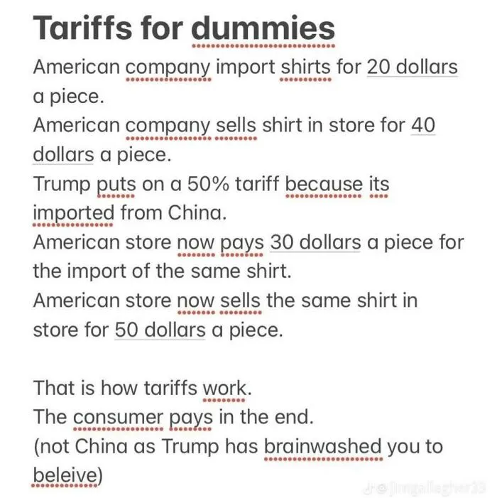 Explanation of tariffs for dummies highlighting how consumers ultimately pay in the world we're living in.