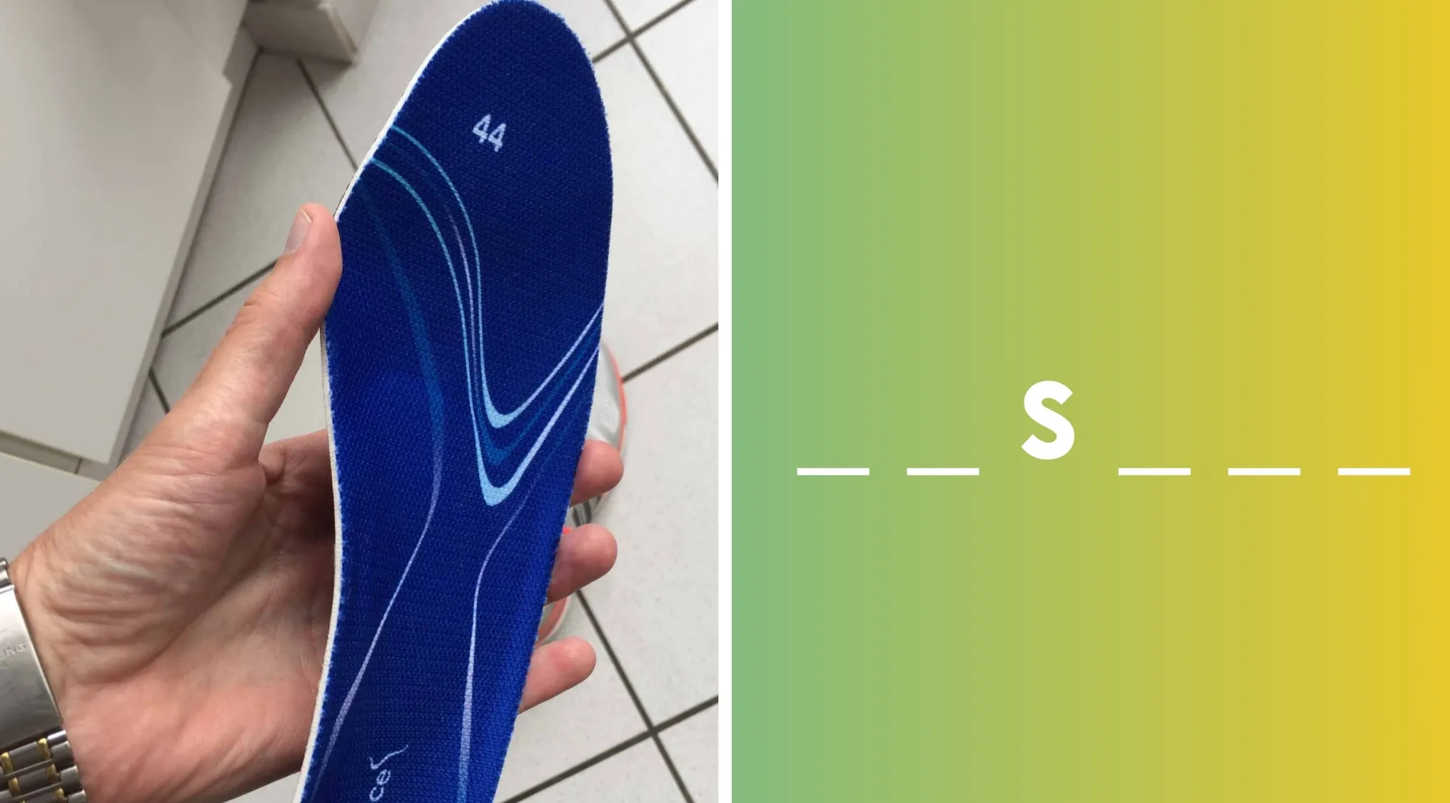 Hand holding a blue shoe insole, a part of a shoe designed for comfort and support inside footwear.