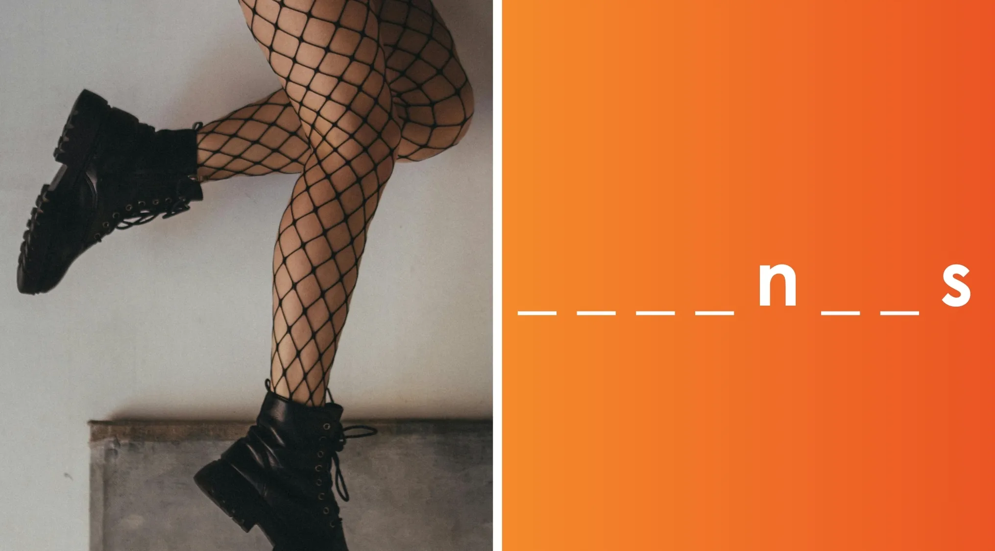 Legs wearing black fishnet stockings paired with black combat boots against a plain background.