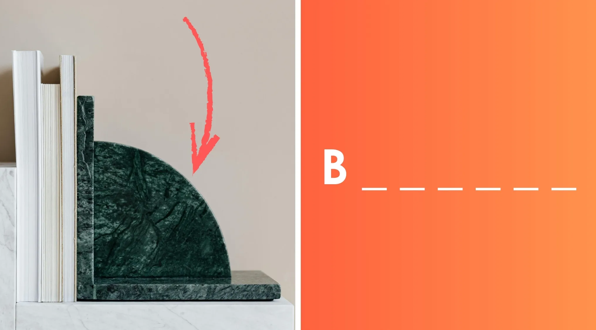 Green marble bookend holding books upright on a marble surface with a red arrow pointing to the item.