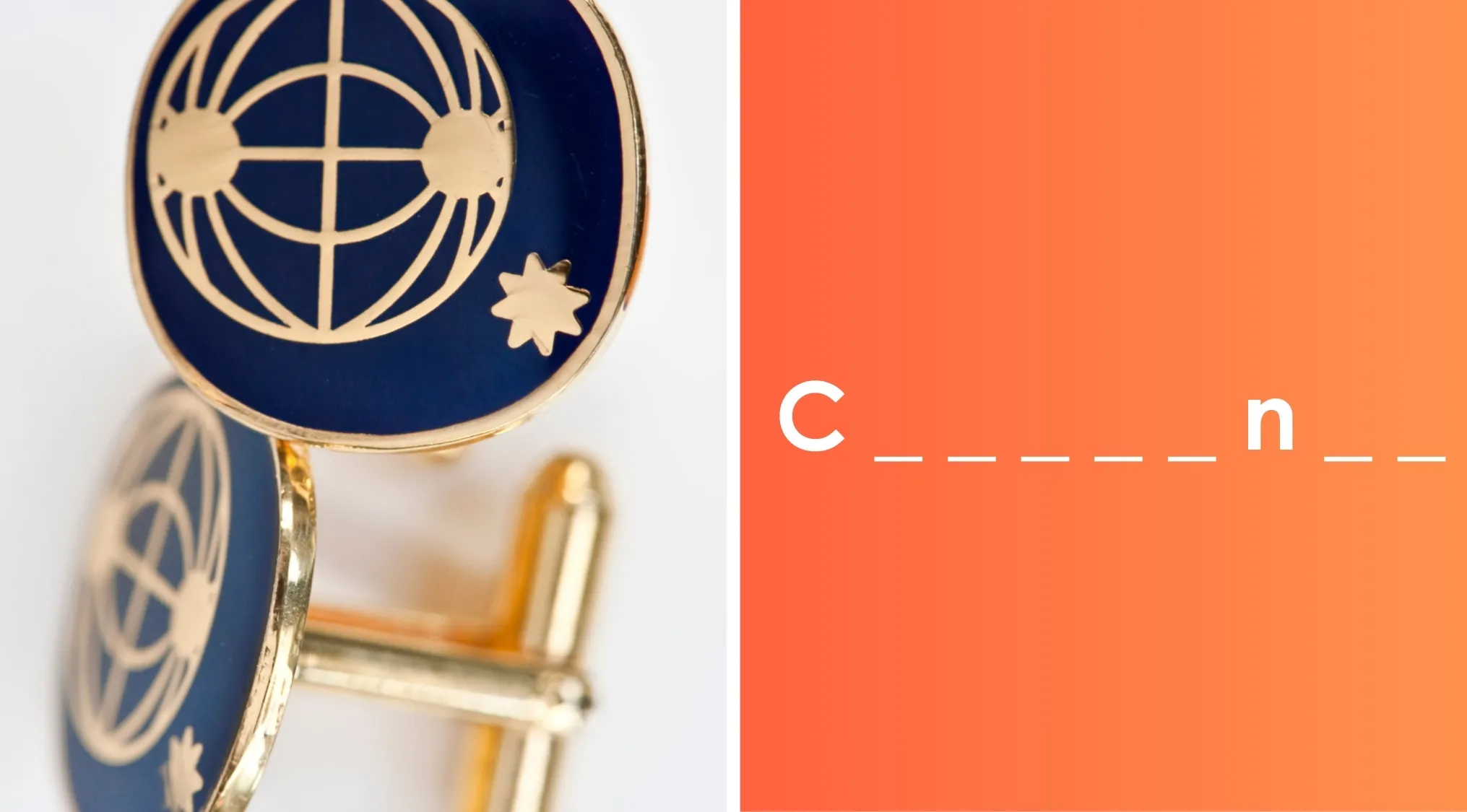Gold and blue cufflink accessory with a globe design close-up on a white background.