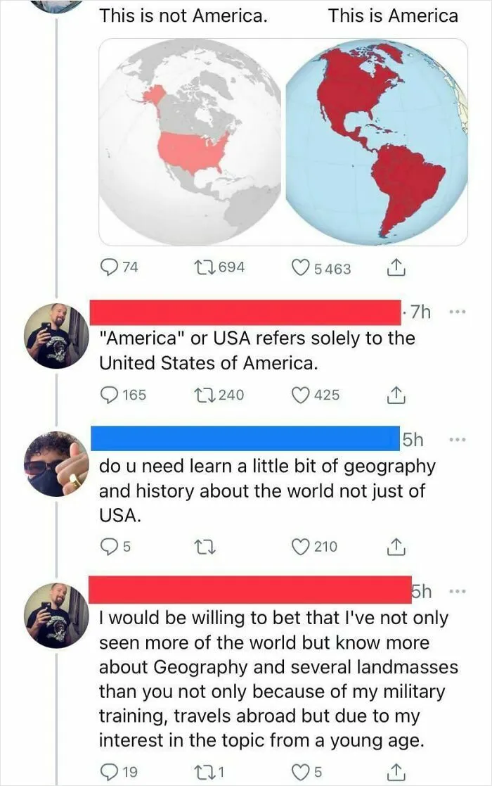 Map comparison showing common geography mistake about the definition of America versus USA on social media debate.