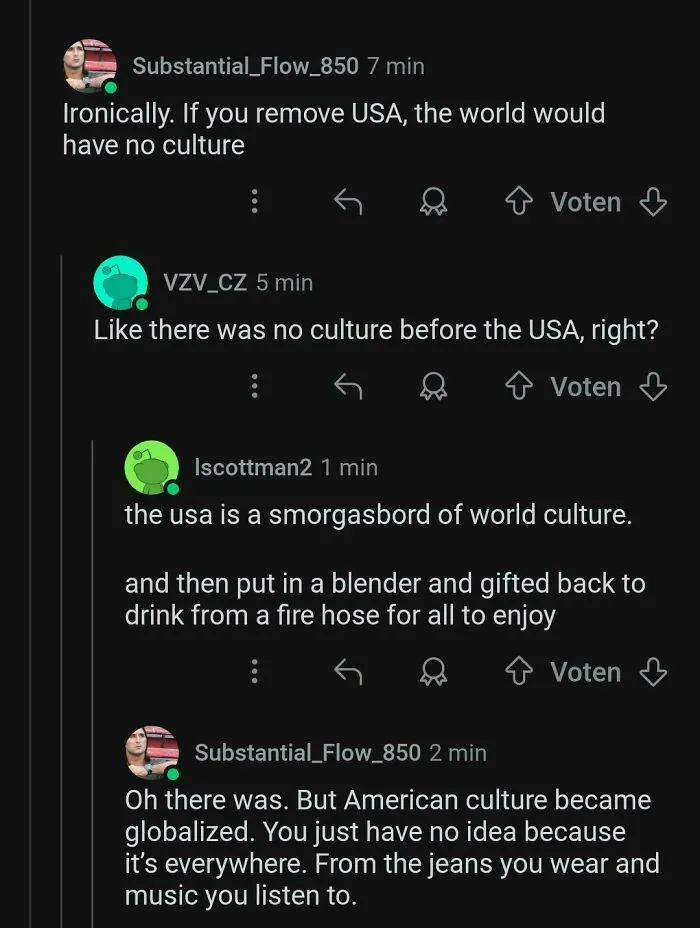 Screenshot of an online discussion showing people failing at geography with misconceptions about USA culture.