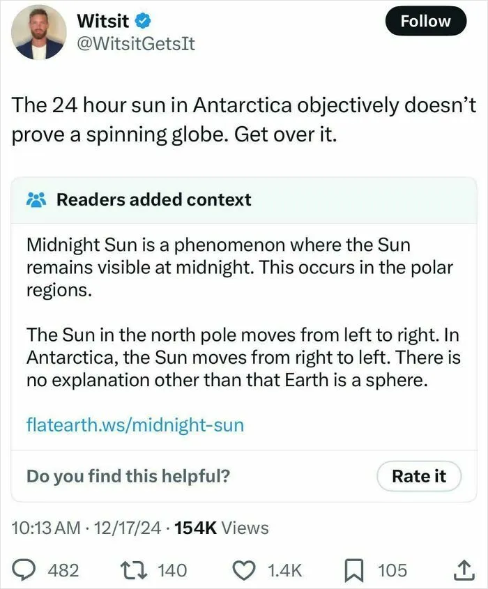 Tweet disputing the 24 hour sun in Antarctica, showing a geography fail that made the internet facepalm.