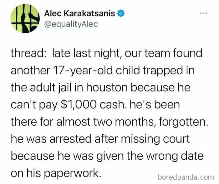 Tweet about a 17-year-old trapped in adult jail highlighting dystopia and injustice in today’s society.
