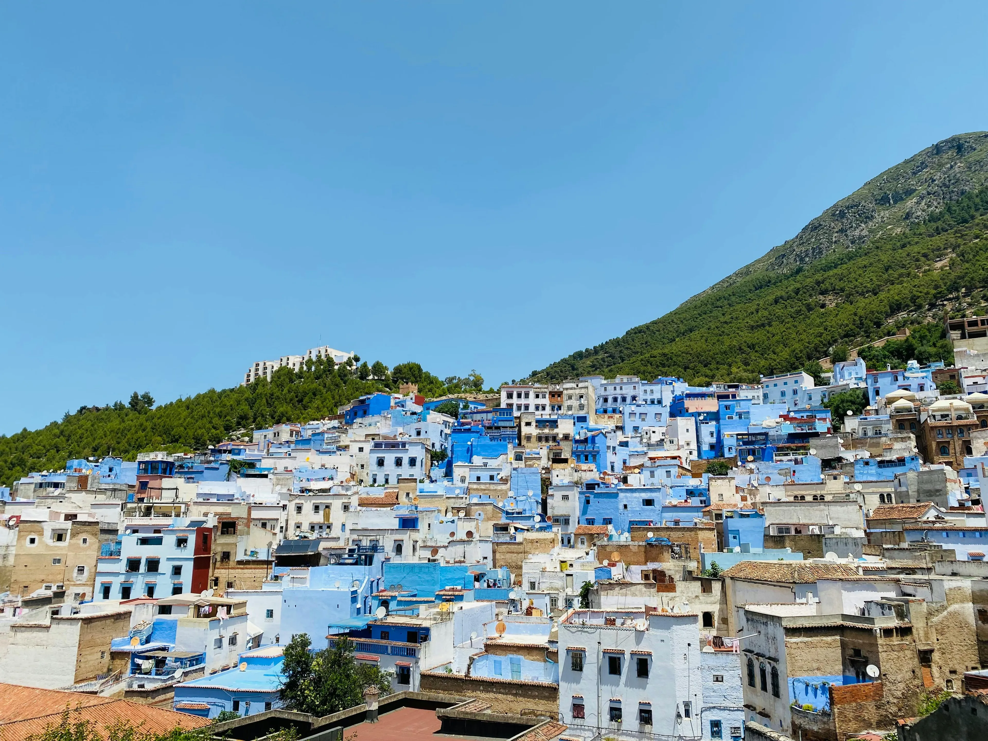 Scenic view of blue and white buildings on a hillside under clear sky in a North African country.