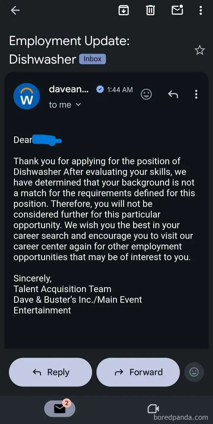 Email rejection for dishwasher job showing employment update reflecting challenges in the U.S. job market warnings.