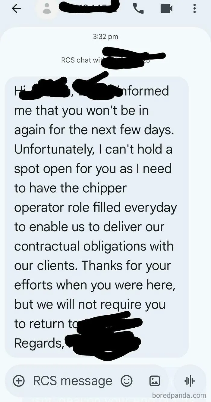 Text message showing a job notice about not holding a position, reflecting labor issues in the U.S. warning images.