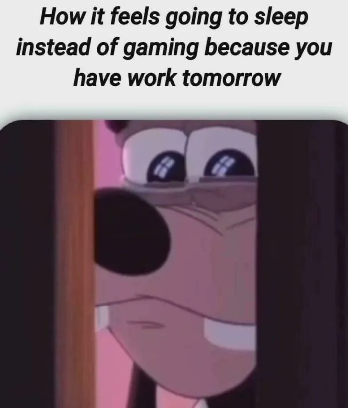 Relatable meme showing the feeling of choosing sleep over gaming before work, capturing hilarious everyday struggles.