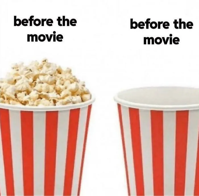 Two striped popcorn buckets side by side, one full and one empty, illustrating a relatable movie meme.