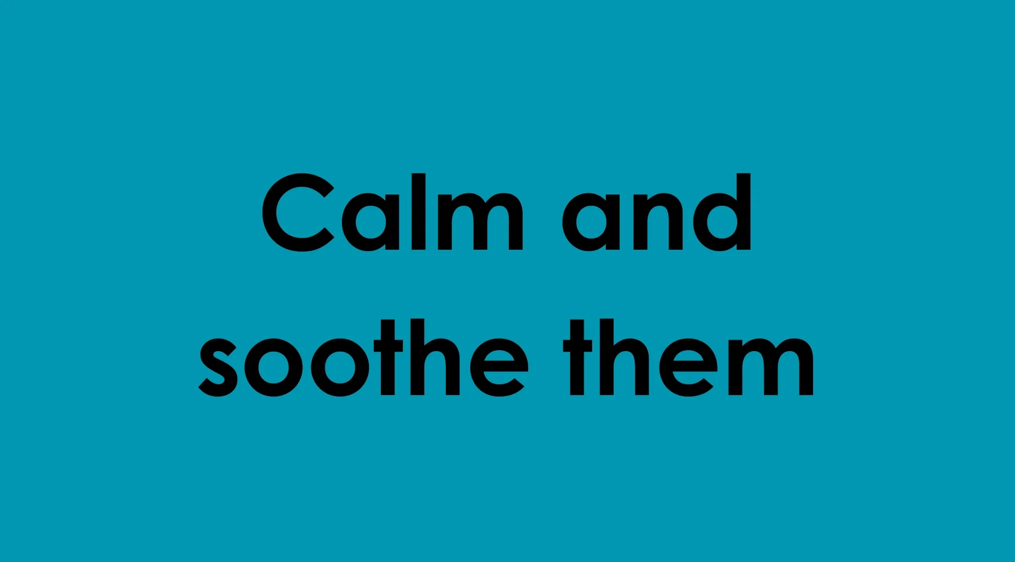 Calm and soothe them phrase displayed in bold black text on a teal background to explain placate meaning.