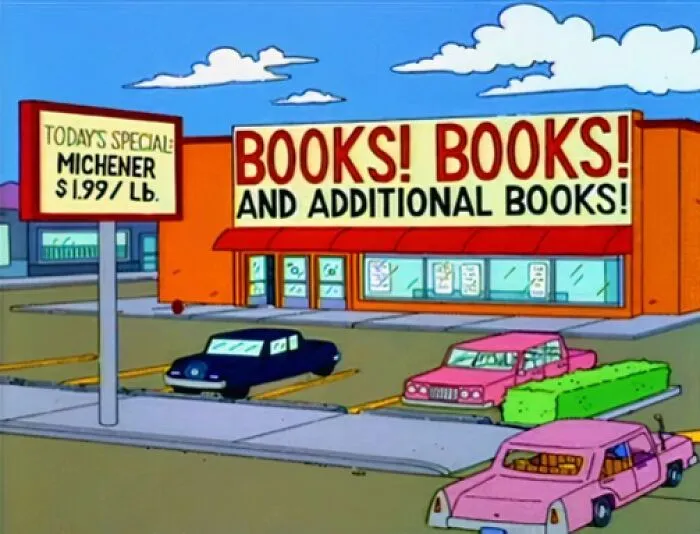 Simpsons scene showing humorous signs advertising books and specials outside a store with cars parked nearby.