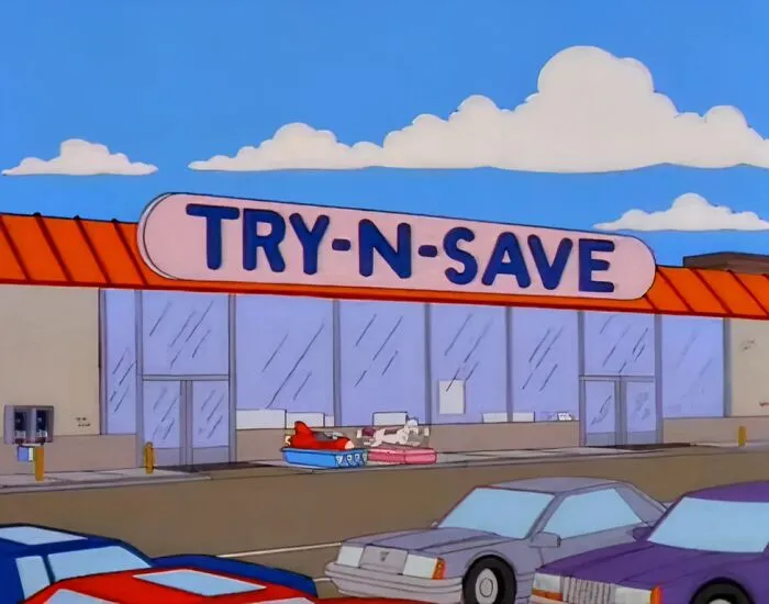 The Simpsons scene showing the Try-N-Save store sign, one of the best signs featured in the series.
