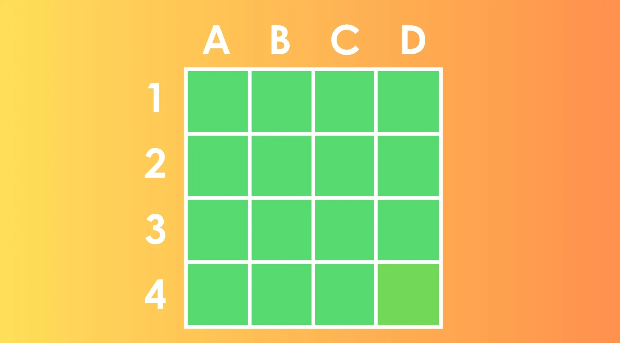 4x4 grid of green squares labeled A to D and 1 to 4, used to find the different shade of square that seems off
