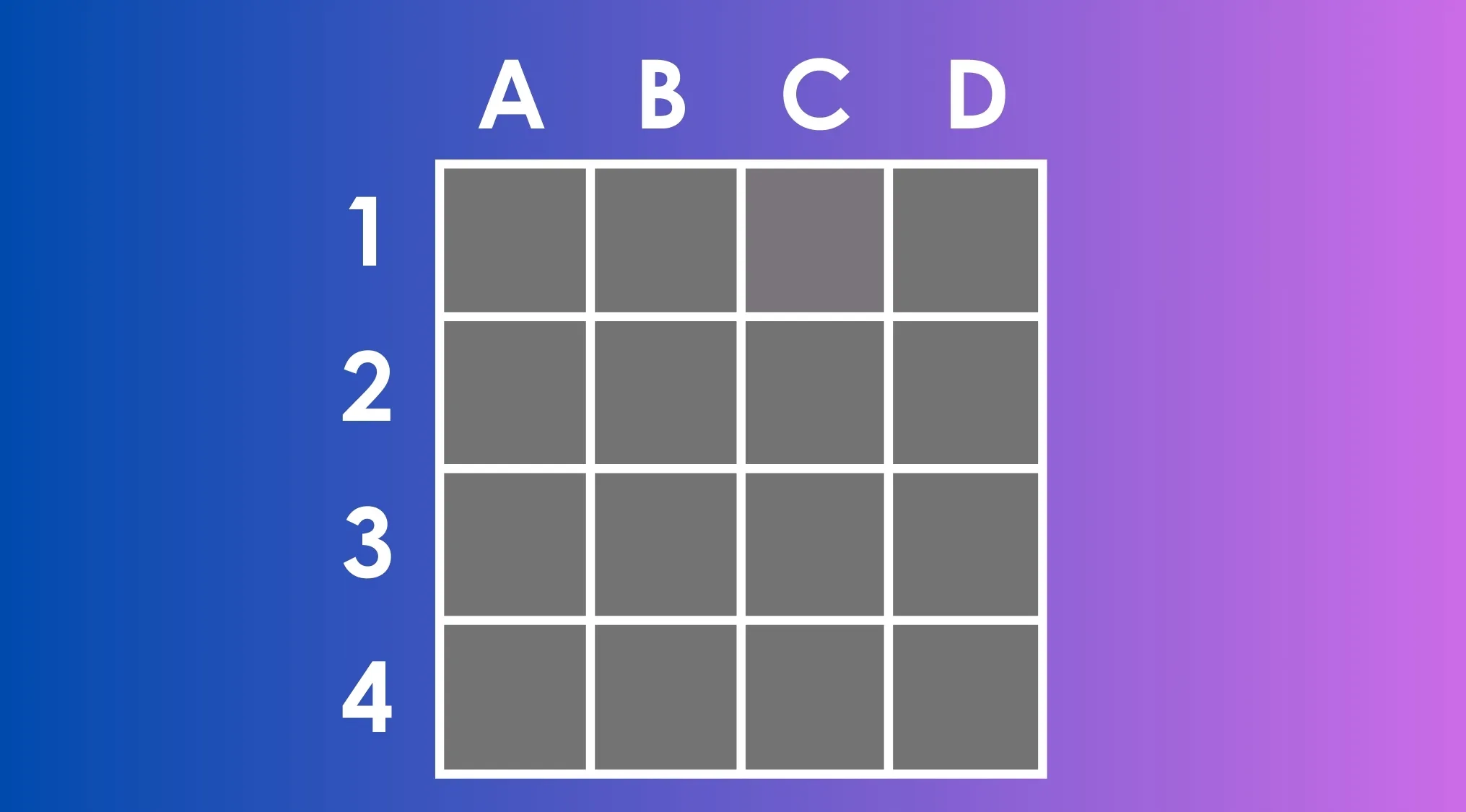 Grid of 16 squares labeled A to D and 1 to 4, with one square’s different shade of gray standing out from the rest.