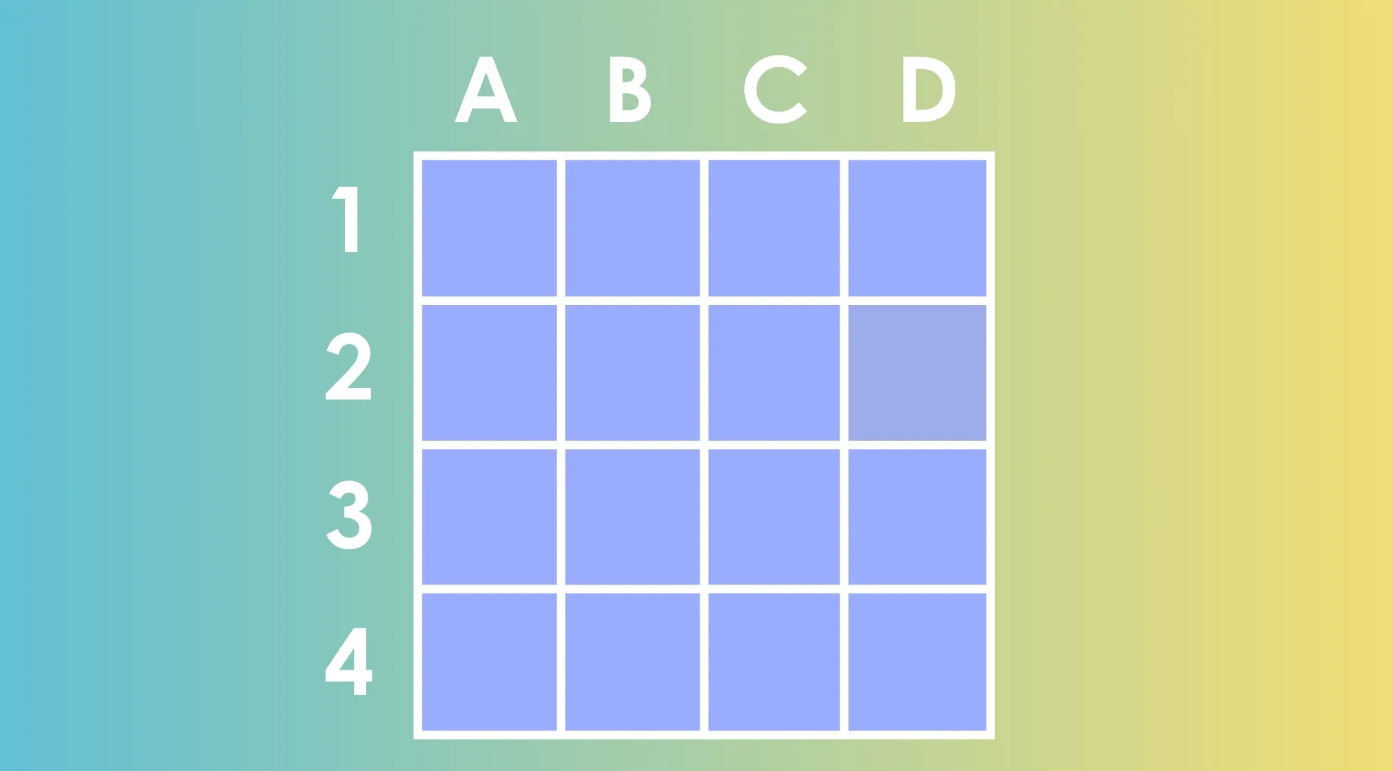 Grid of 16 blue squares labeled A to D and 1 to 4, used to find the different shade and identify the outlier square.