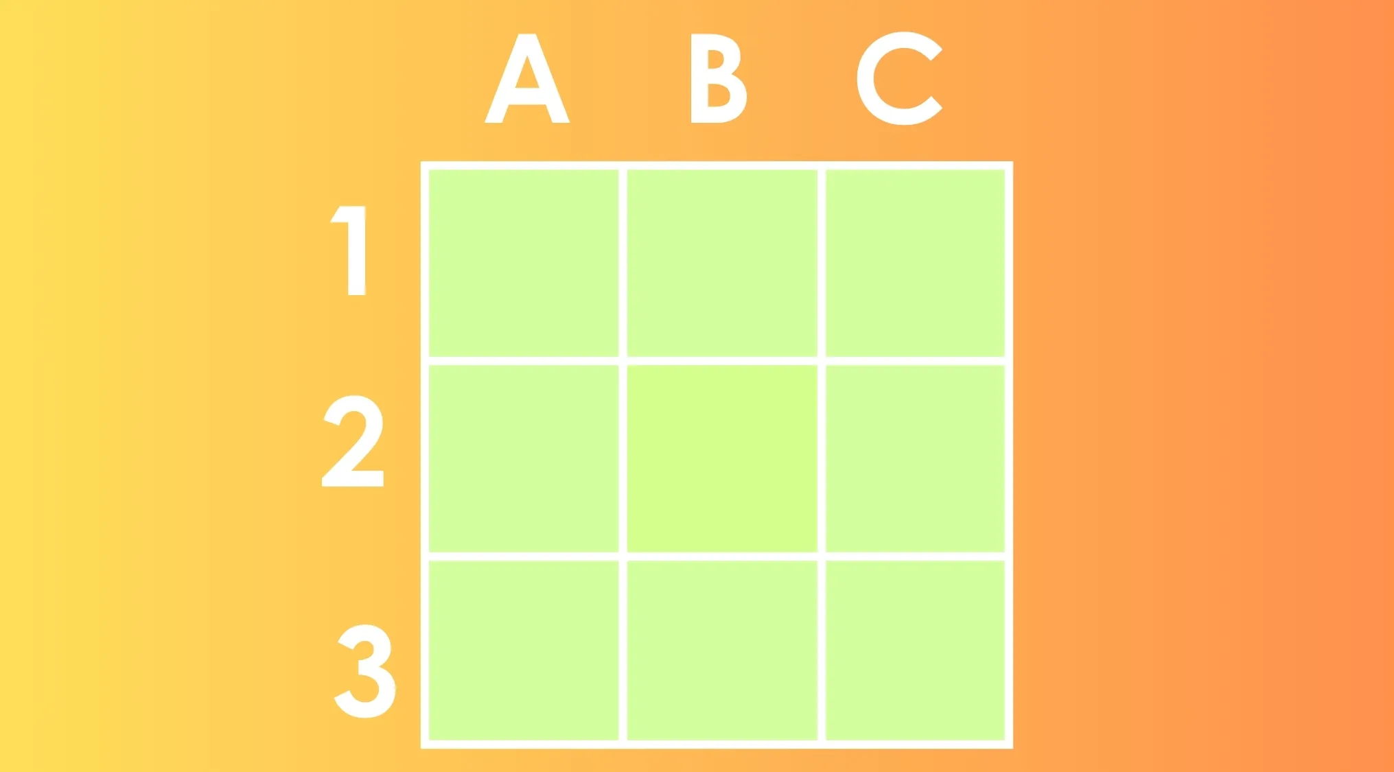Grid of nine green squares labeled A to C and 1 to 3 with one square’s shade slightly different for shade challenge.