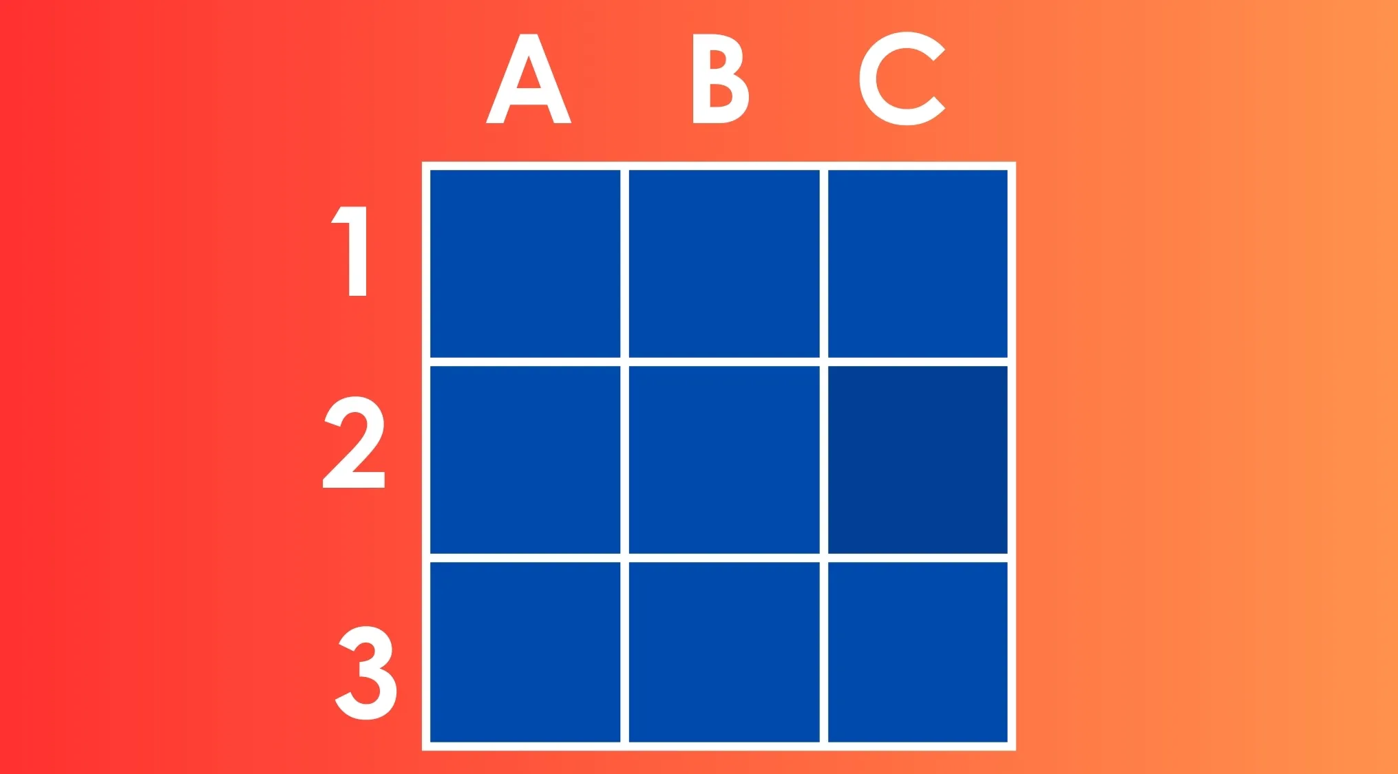 Grid of nine blue squares labeled A to C and 1 to 3, designed as a find the different shade color puzzle for visual challenge.