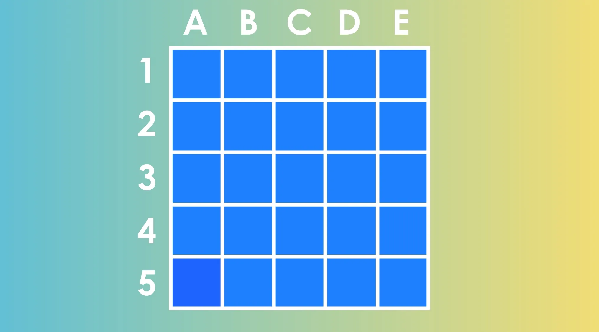 Grid of 25 blue squares labeled A to E and 1 to 5, with one square holding a different shade from the rest.