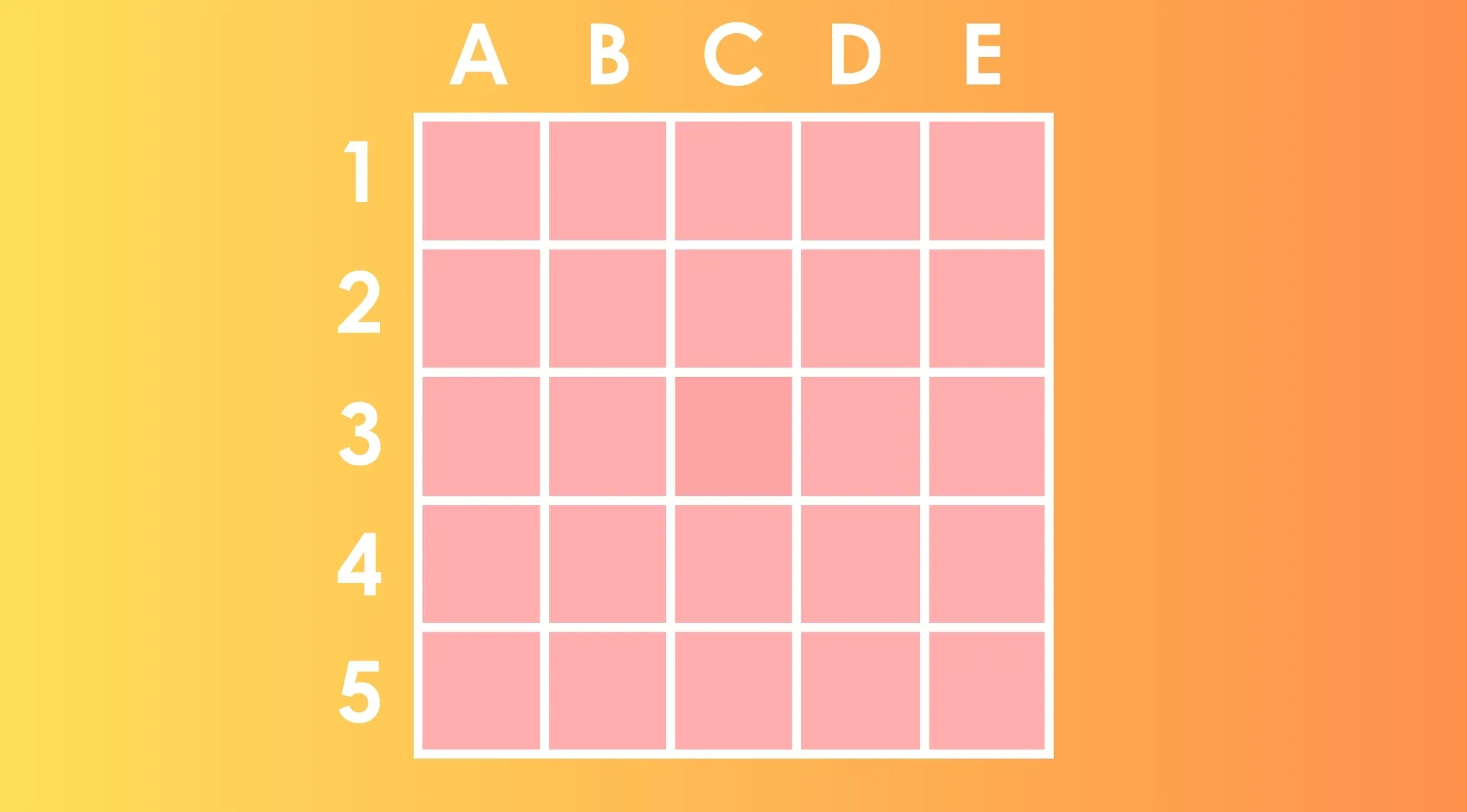 Grid of pink squares labeled A to E and 1 to 5, with one square in a different shade as the outlier to find.