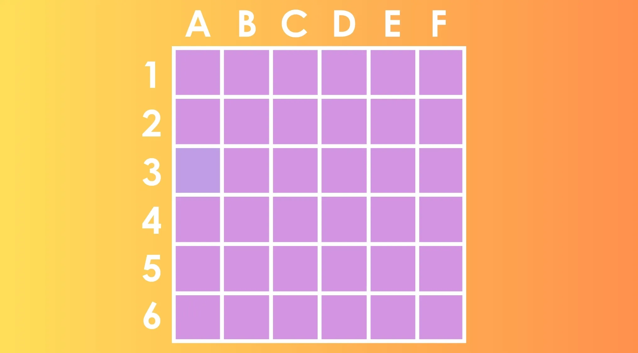 Grid of purple squares labeled A to F and 1 to 6 on gradient orange background for finding the different shade square outlier.