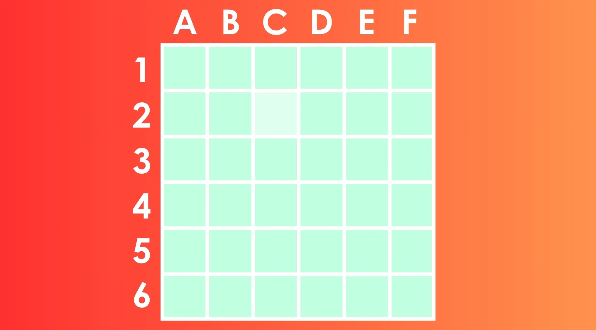 Grid of light green squares labeled A to F horizontally and 1 to 6 vertically for finding the different shade odd one out puzzle.