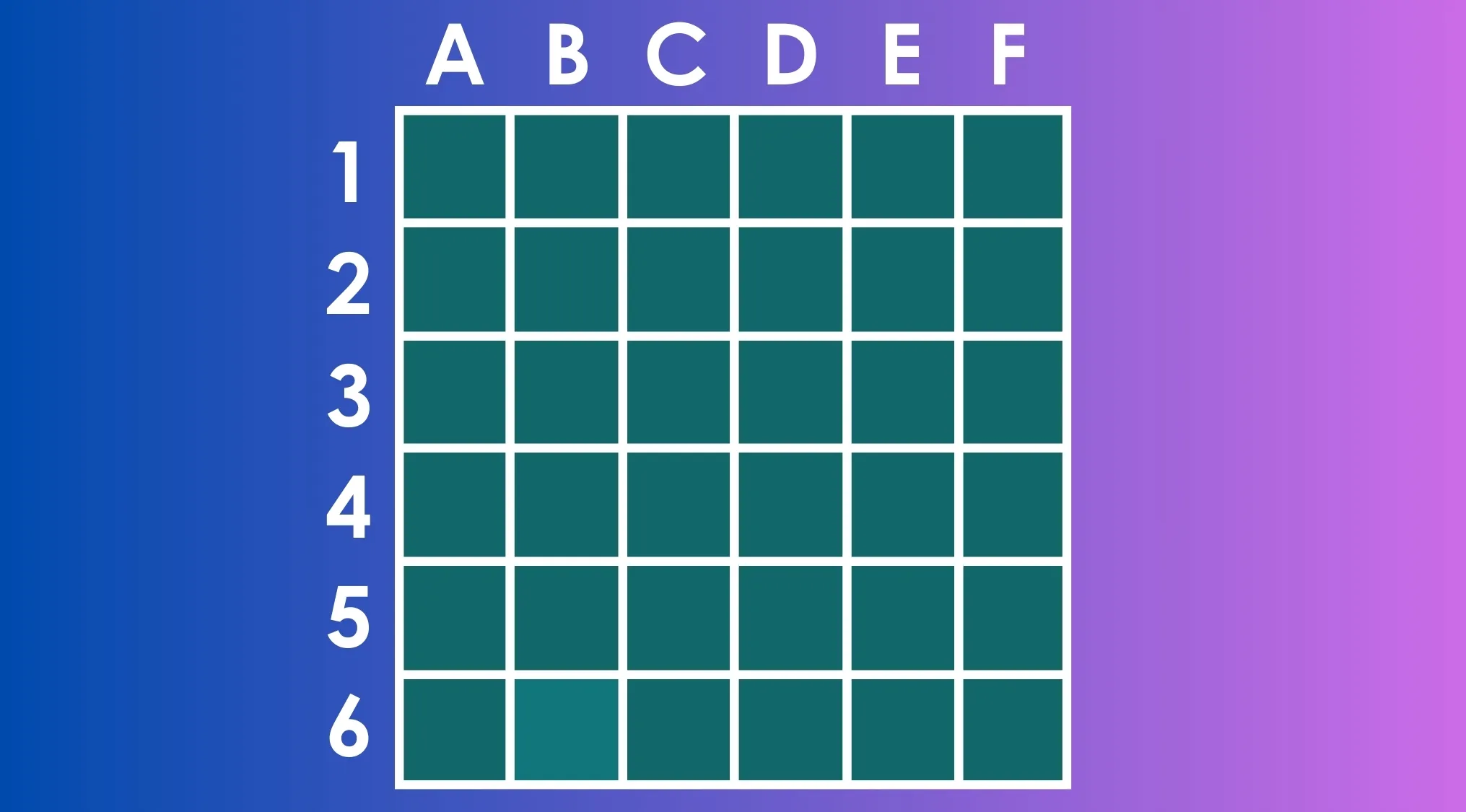Grid of teal squares labeled A to F and 1 to 6 on a gradient blue to purple background for finding the different shade color challenge.
