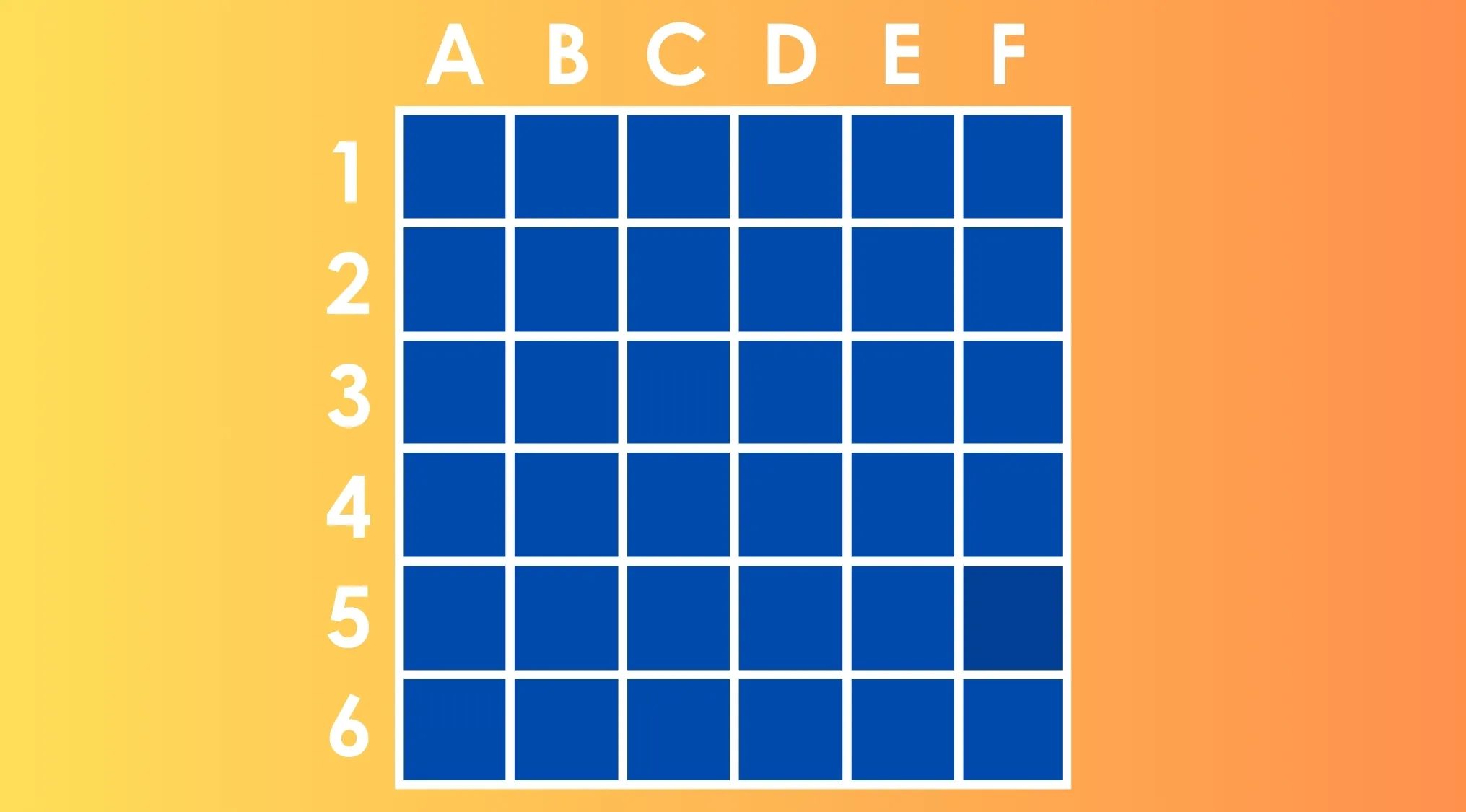 Grid of blue squares labeled A to F horizontally and 1 to 6 vertically for find the different shade color puzzle.