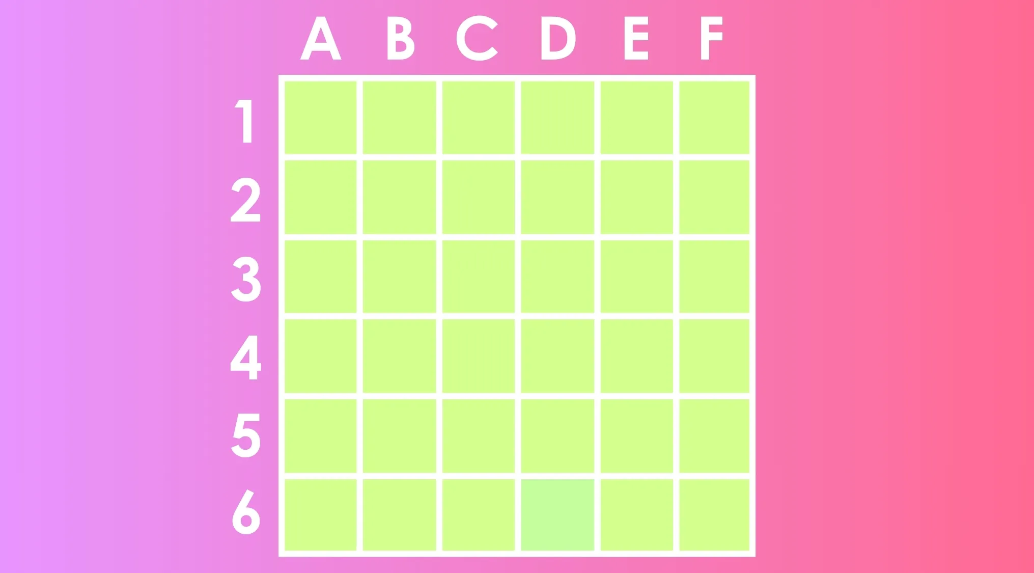 Grid of light green squares labeled A to F and 1 to 6, designed as a puzzle to find the different shade square outlier.