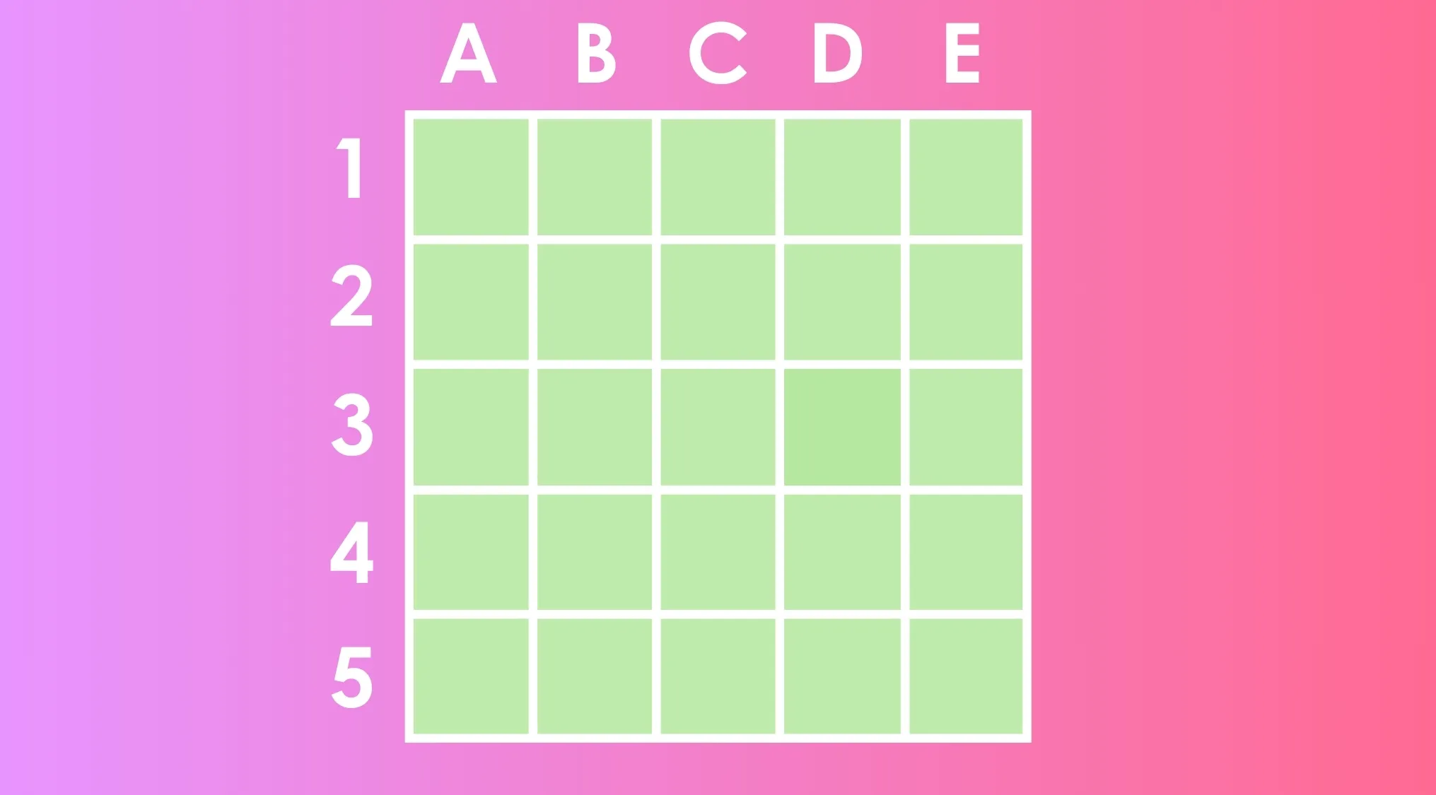 Grid of green squares labeled A to E and 1 to 5, with one square having a different shade for shade spotting challenge.