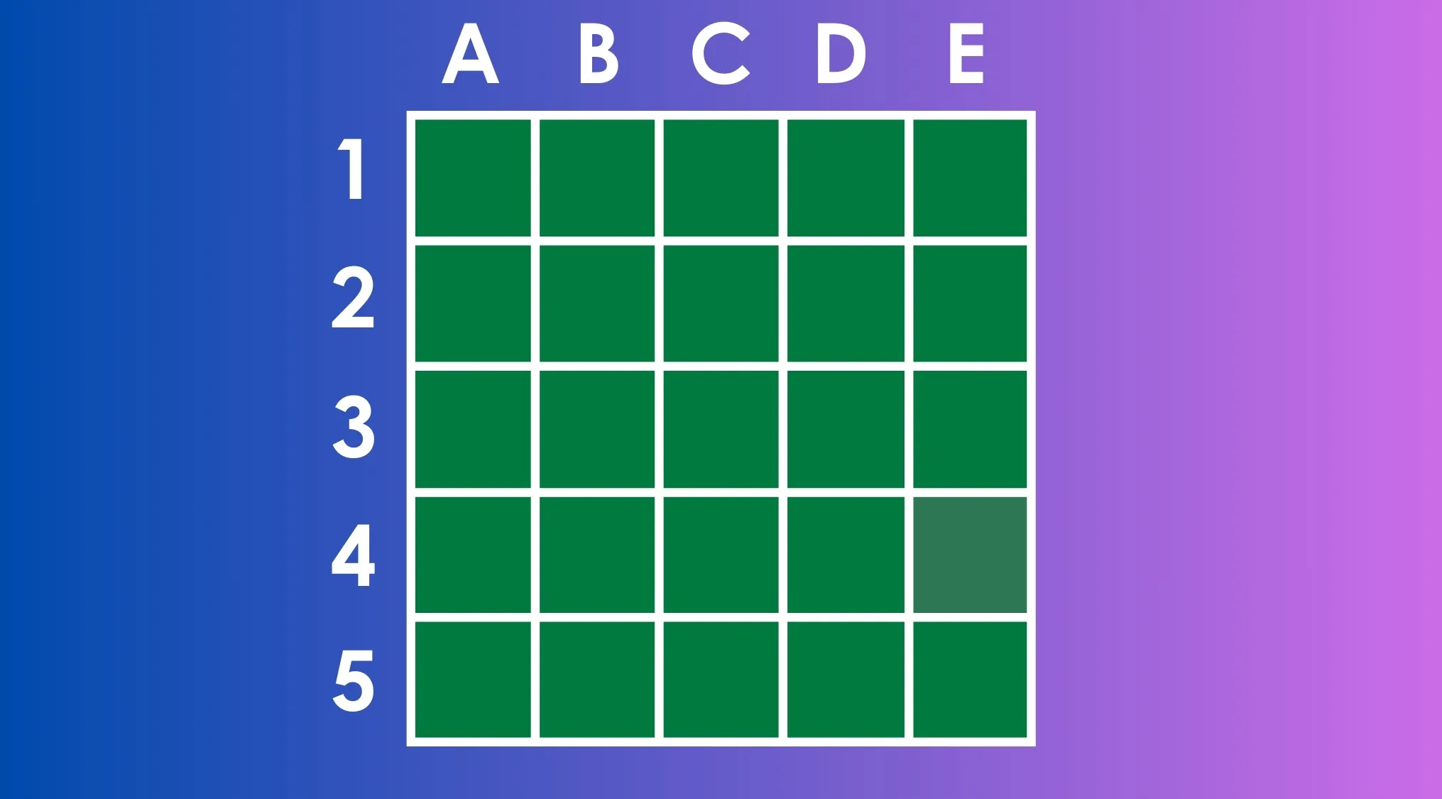 Grid of green squares labeled A to E and 1 to 5 with one square showing a different shade of green in position E4.