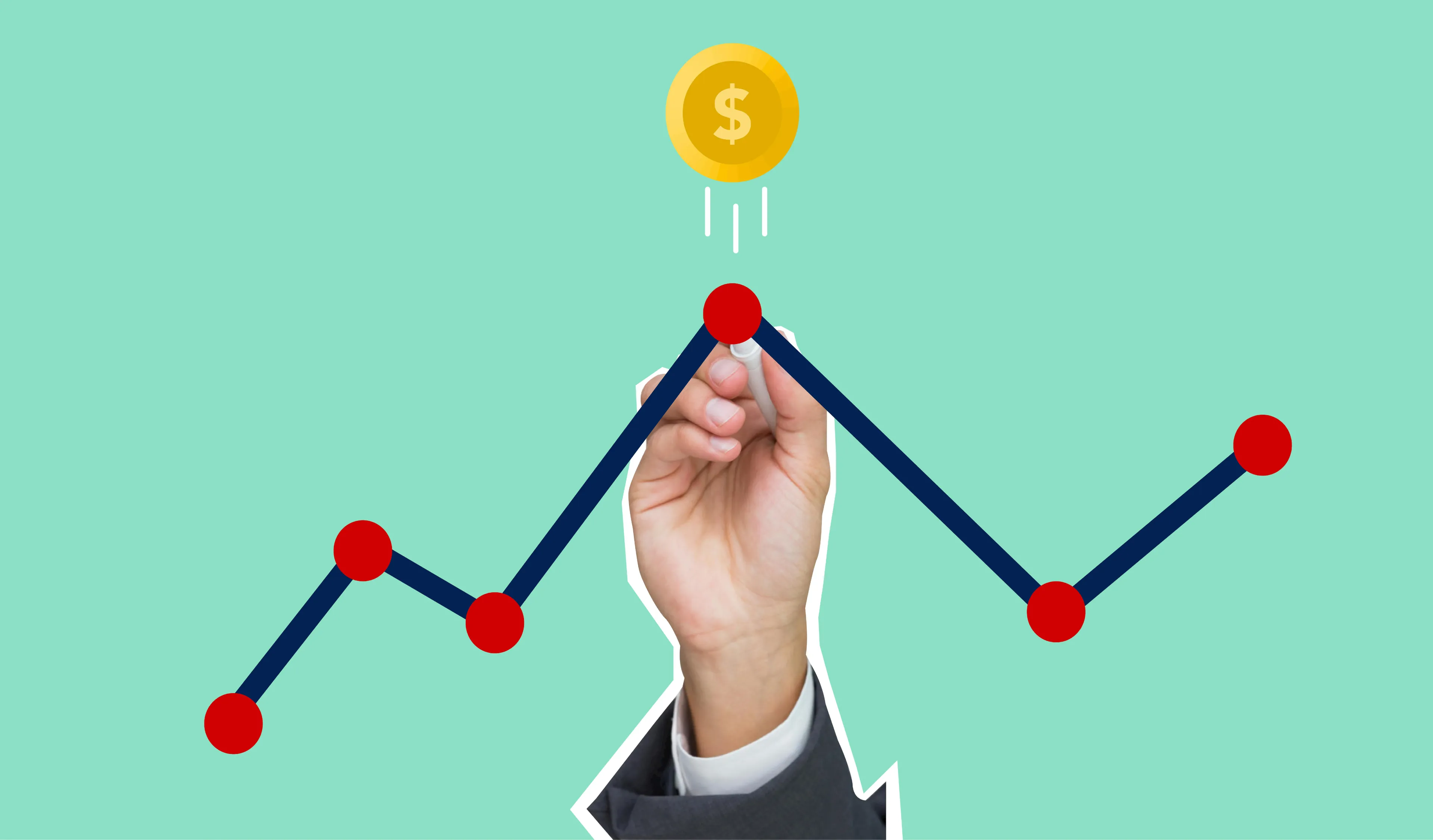 Hand drawing a rising supply and demand graph with red points and a falling gold dollar coin above on green background