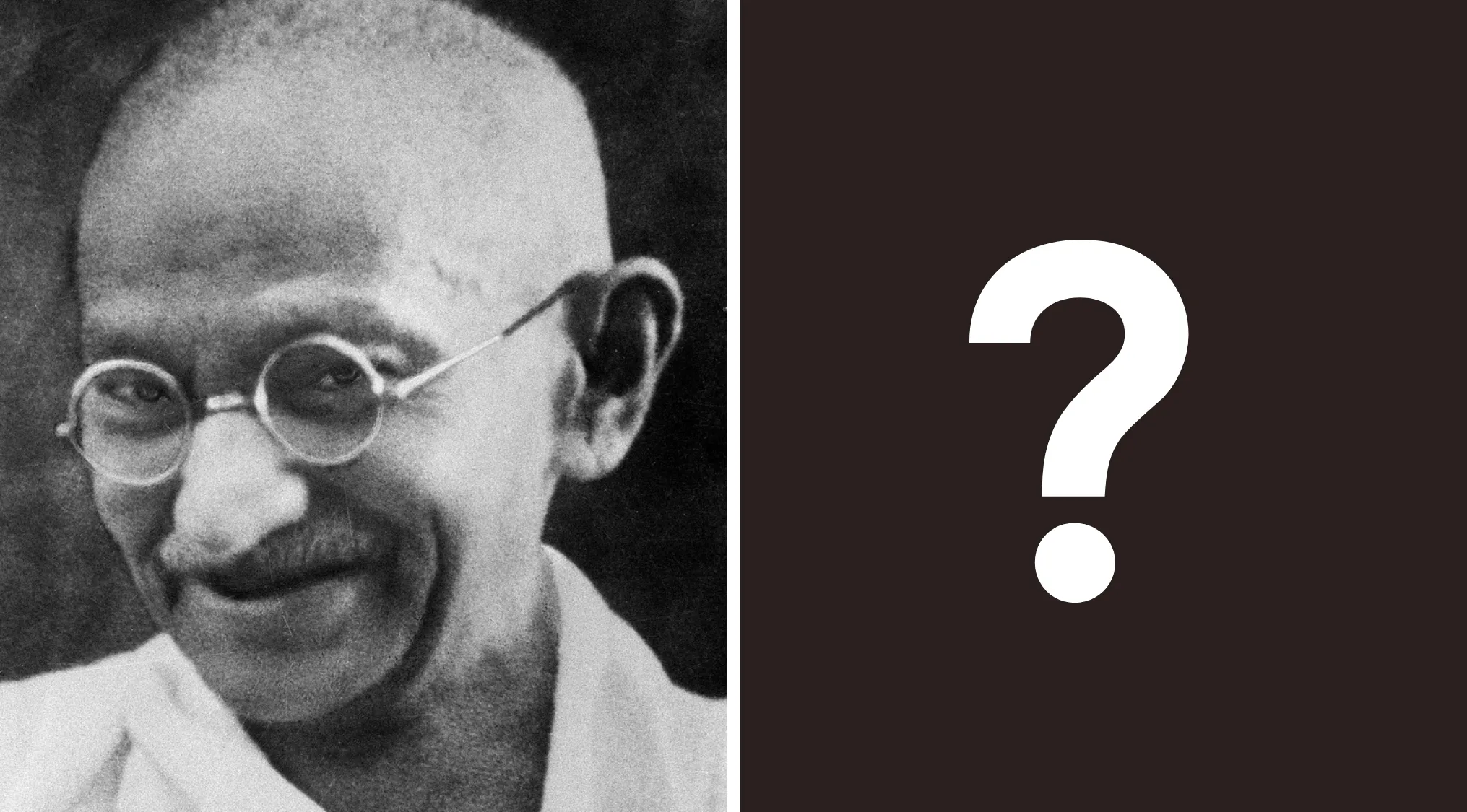 Black and white photo of Mahatma Gandhi smiling, paired with a question mark on a dark background for history quiz.