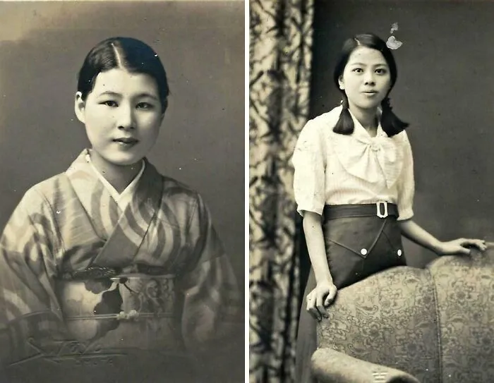 Mujer japonesa con su ropa tradicional y a la moda occidental, década de 1930