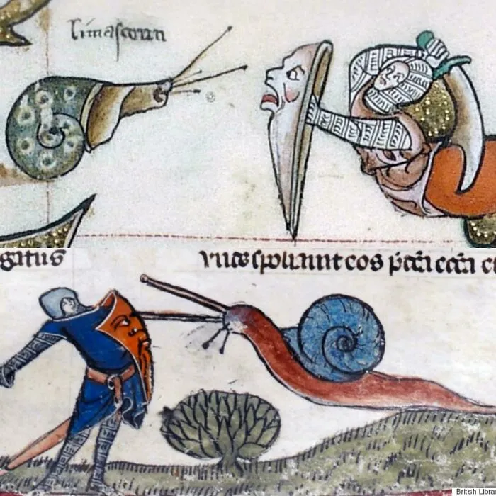 Medieval illustration depicting knights fighting giant snails, an example of old paintings that are hilariously bad yet brilliant.