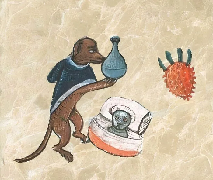 Dog Treating A Bedridden Cat For "Melancholy" (Source Unknown, CA. 12th Century)