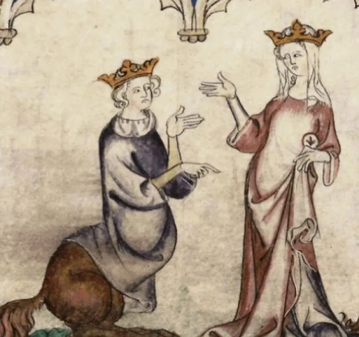 Medieval old painting featuring a crowned centaur and a queen in a humorous and awkward artistic style.