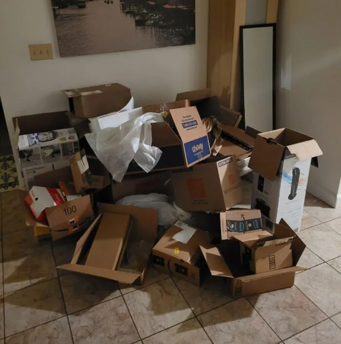 My Roommate's Giant Pile Of Boxes That Hasn't Changed Since I Moved In 3 Months Ago