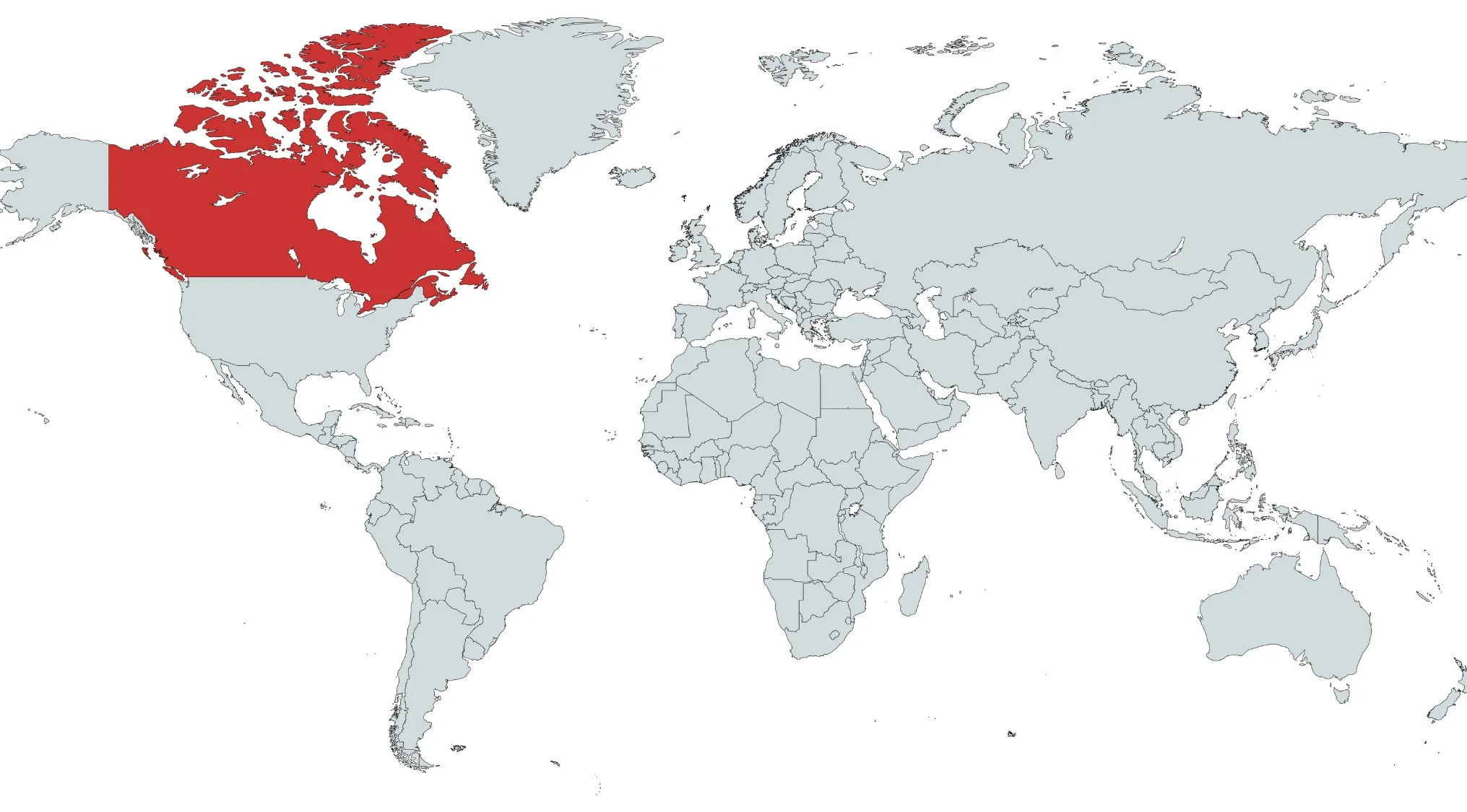 World map with Canada highlighted in red showing guess a country on the map in alphabetical order C quiz.