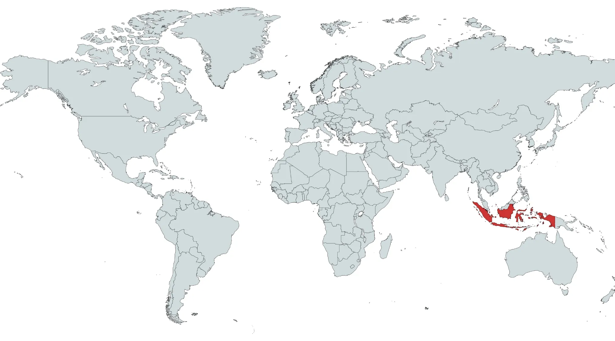 World map with a highlighted area in red representing a country to guess on the map in alphabetical order quiz.