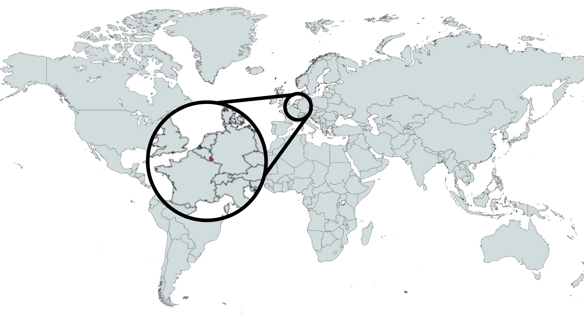 Map highlighting Luxembourg in Europe with a focus circle, related to guessing a country on the map puzzle.