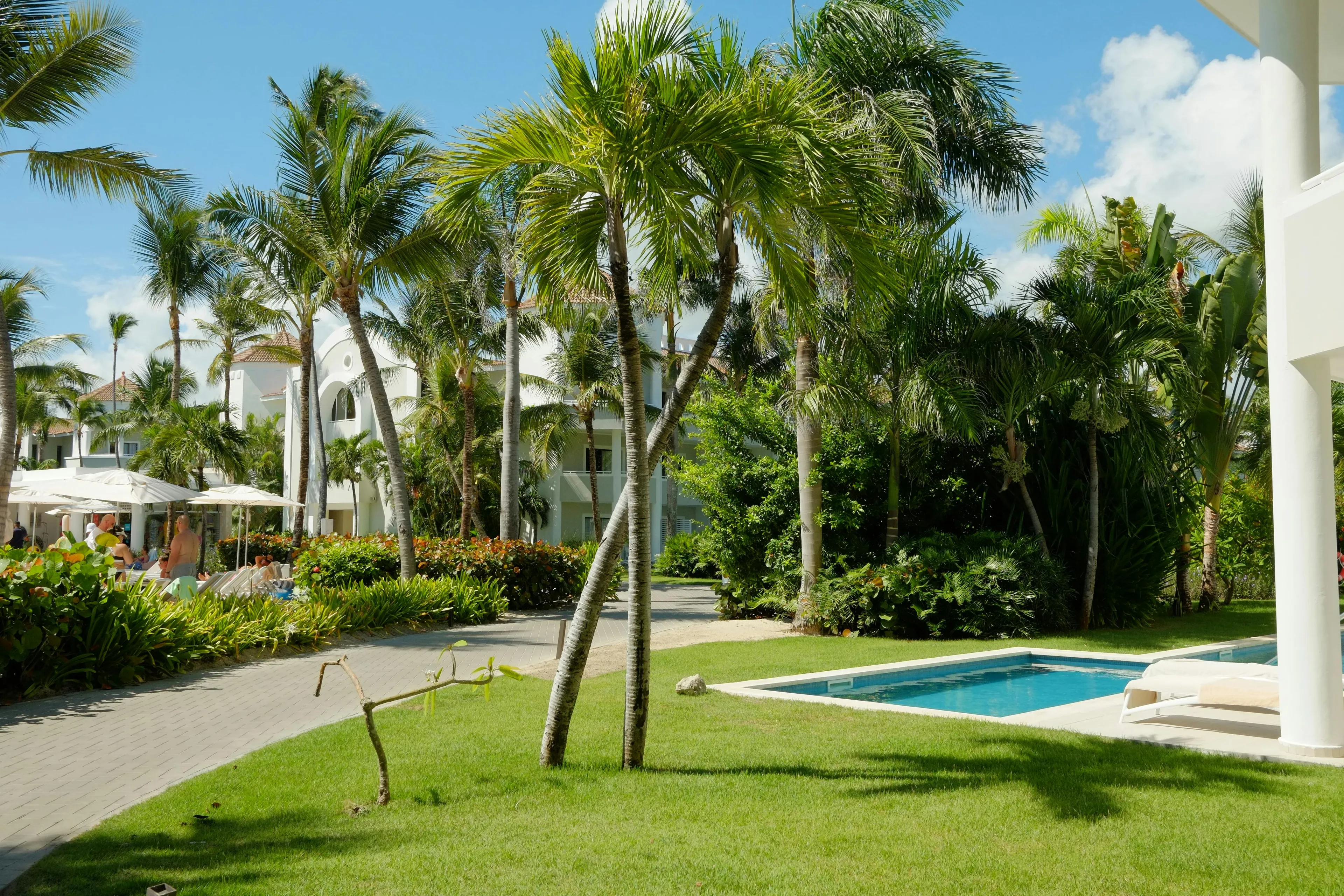 Tropical resort with palm trees and pool in the Dominican Republic, eastern side of the island of Hispaniola.