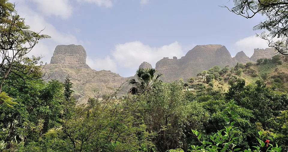 Volcanic landscapes and lush greenery of Cape Verde, an Atlantic island nation known for its Creole culture.
