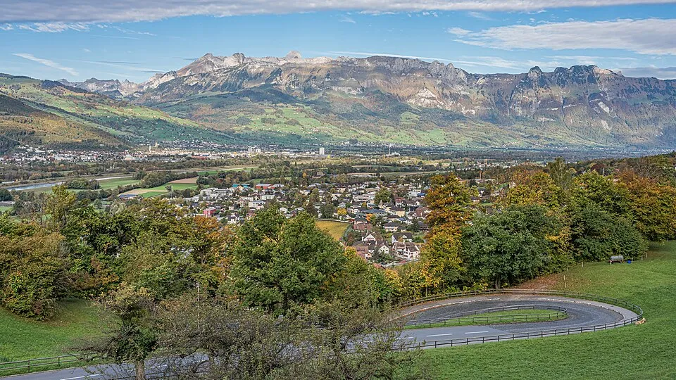 Panoramic view of a small landlocked country in Central Europe known for castles and alpine scenery.