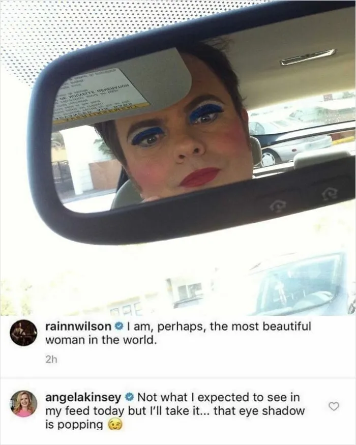 Man with bold makeup reflected in a car mirror, part of popular memes inspired by the TV series The Office.