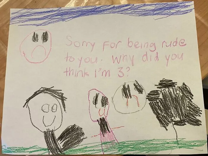 La carta de disculpa de mi hija de 4 años a otro niño de su clase. Intenté no reírme cuando me pidió que escribiera esas palabras.